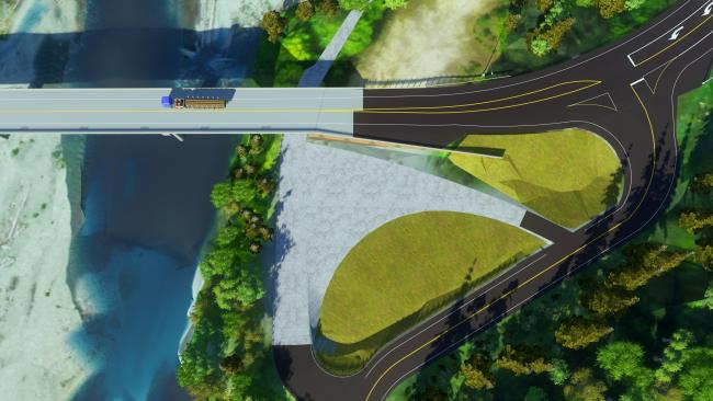 Design visual of what the proposed crossing will look like, including the gravel lot on the east end near Olympic Hot Springs Road.