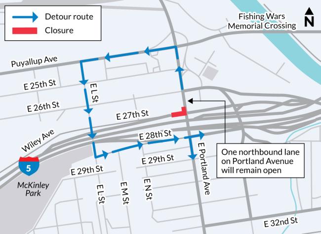 Detour map for weekend partial closure of East 27th Street and Portland Avenue intersection in Tacoma.