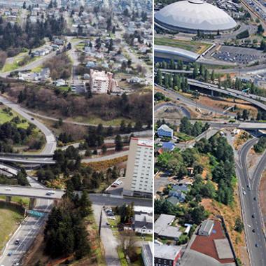 Before and after aerial photos of I-5, and the Pacific Avenue Bridge and the East McKinley Way Bridge in Tacoma.
